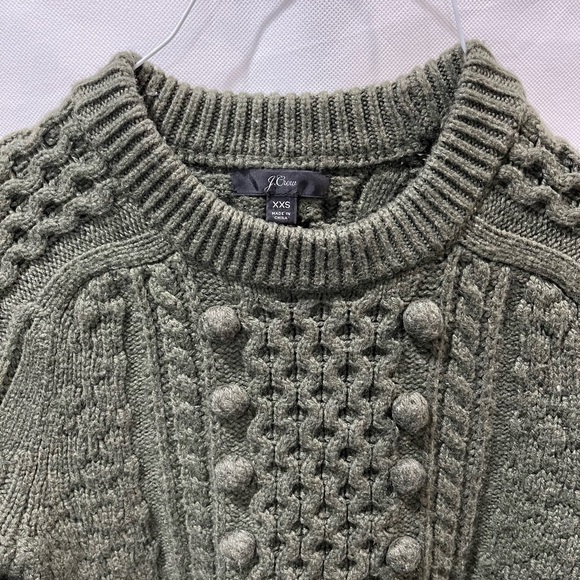 EUC J.Crew Cable Knit Pom Pom Wool Sweater Forrest Green XXS - Picture 4 of 7